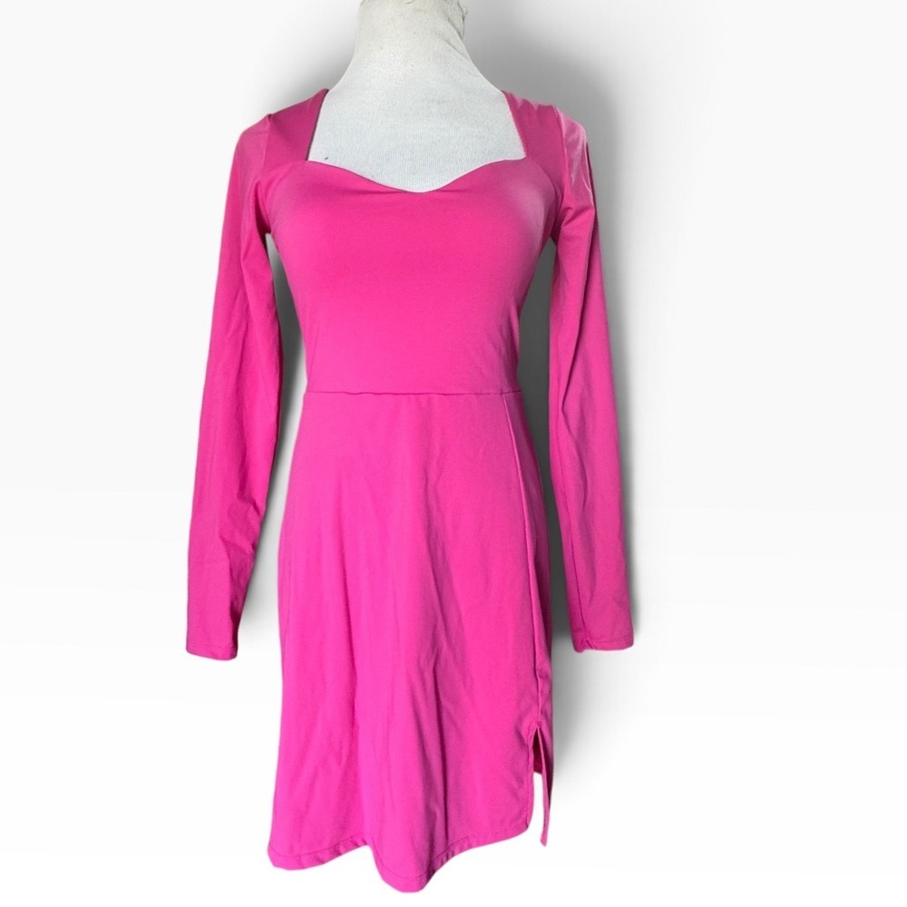 Qinsen Mini Dress Womens L Pink Long Slv Sweetheart Slit Spandex Y2K Barbiecore